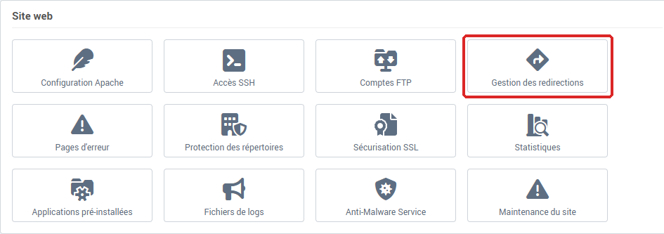 La tuile Gestion des redirections dans la carte Site web de la Gestion de l'hébergement