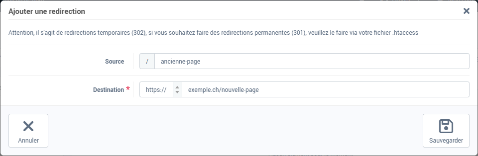 Le formulaire Ajouter une redirection : source et destination