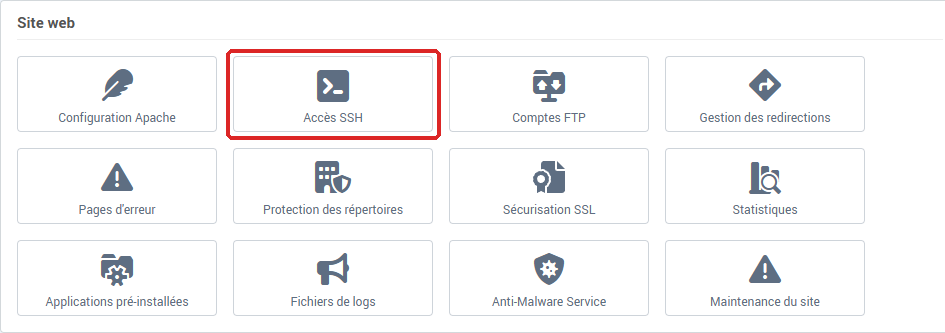 La tuile Accès SSH dans la carte Site web de la Gestion de l'hébergement