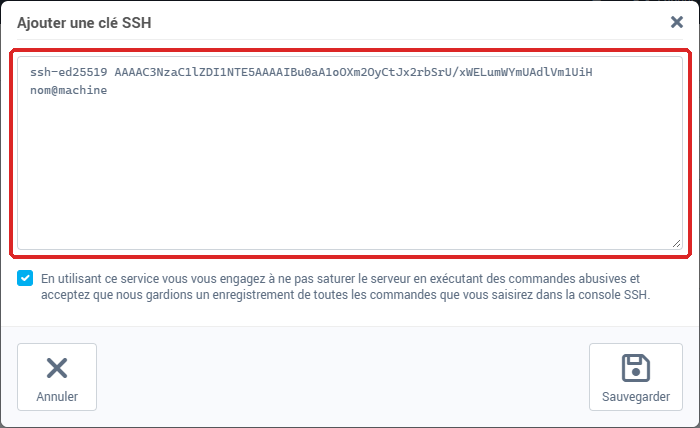 La fenêtre Ajouter une clé SSH : champ de la clé publique et case d'acceptation