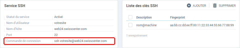La page Accès SSH : le bloc Service SSH et la Liste des clés SSH