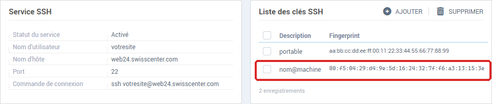 La liste des clés SSH avec une clé enregistrée : description et fingerprint