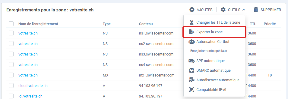 Menu Outils du Gestionnaire DNS, avec l'entrée Exporter la zone