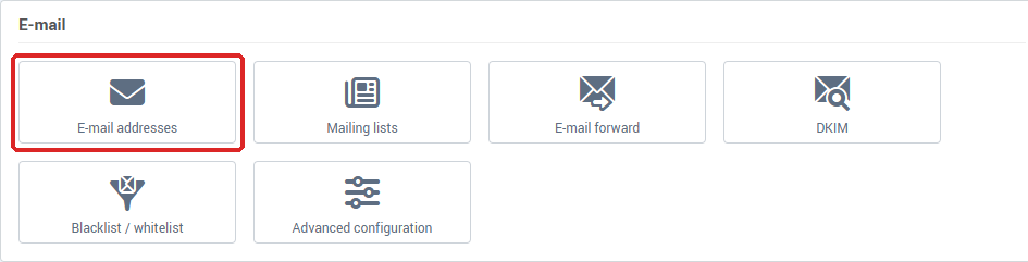 The E-mail addresses tile in the E-mail card of Hosting management