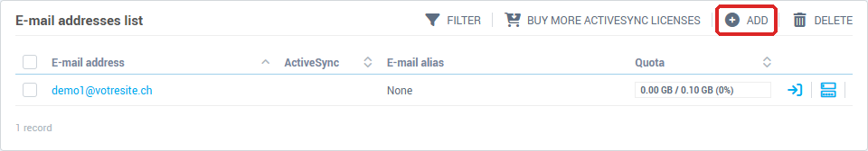 The E-mail addresses list, with the Add and Delete buttons