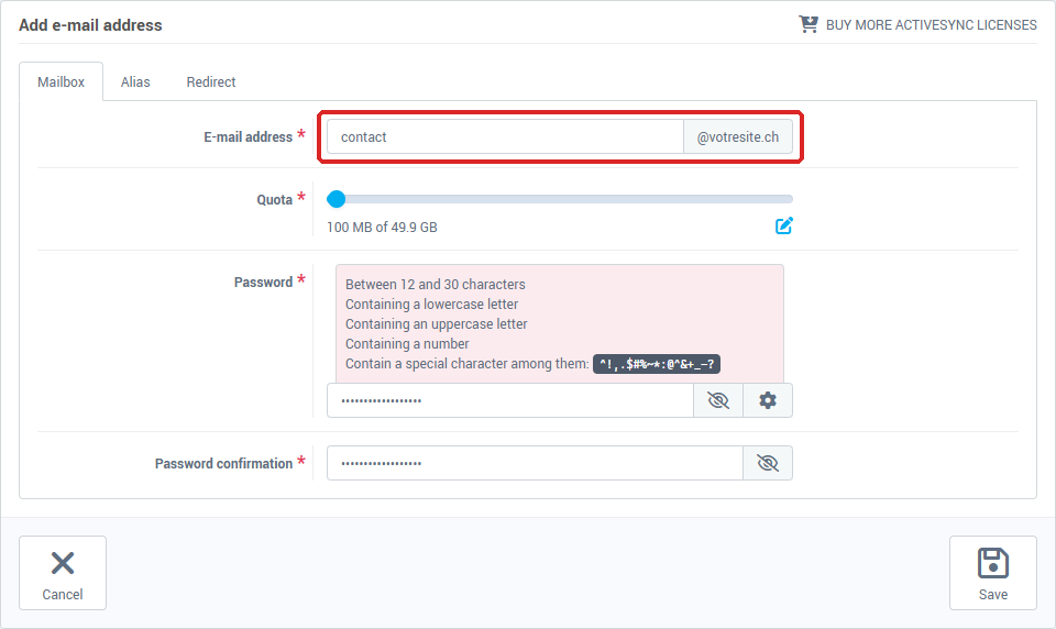 The Add e-mail address form: address, quota, password and confirmation