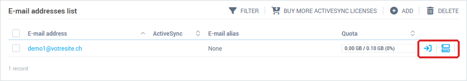 The list with one address: quota, alias, Webmail and Change password icons