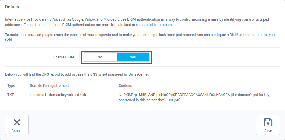 The DKIM configuration page with Enable DKIM and the DNS record to publish