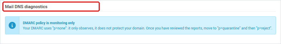 The Mail DNS diagnostics block on the E-mail addresses page