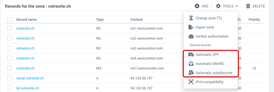 The Tools menu of the DNS manager with the Special records