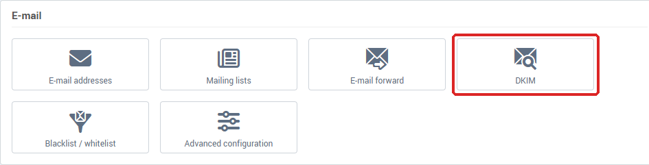 The DKIM tile in the E-mail card of Hosting management