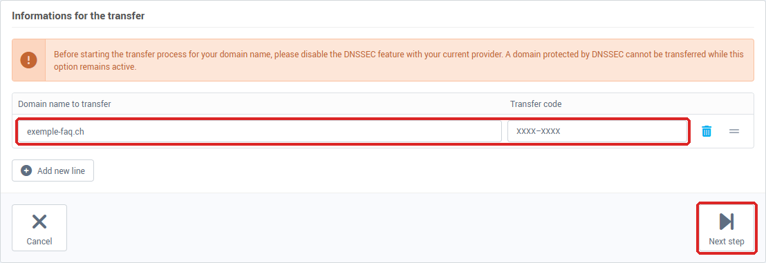 Transfer form with the domain, the transfer code and the Next step button