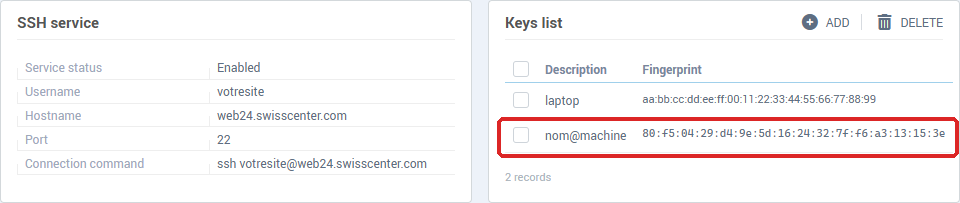 The SSH keys list with one registered key: description and fingerprint