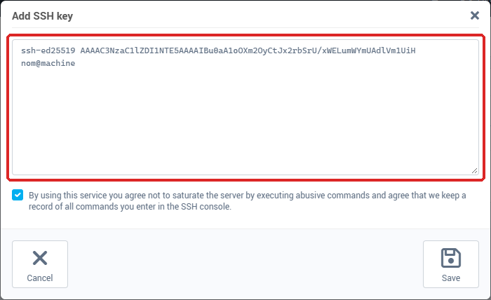 The Add SSH key window: public key field and acceptance tick box