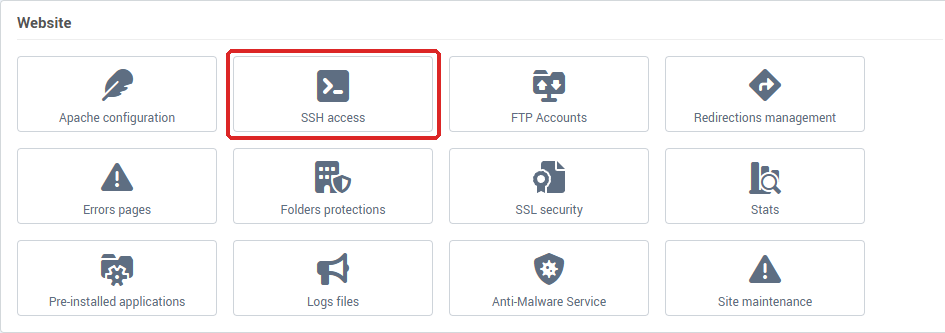 The SSH access tile in the Website card of Hosting management