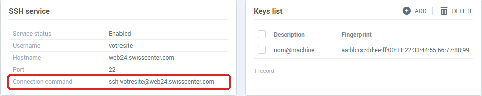 The SSH access page: the SSH service block and the Keys list