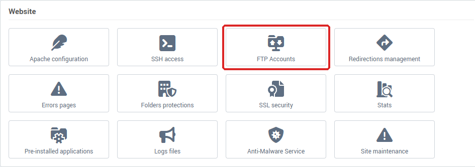 The FTP Accounts tile in the Website card of Hosting management
