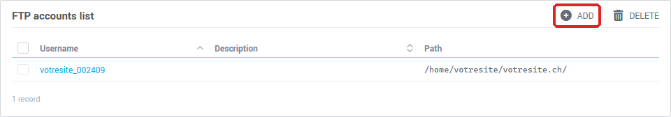 The list of FTP accounts, with the Add button