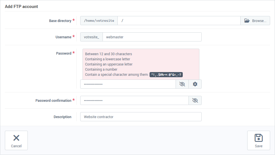 The Add FTP account form: base directory, username, password, description