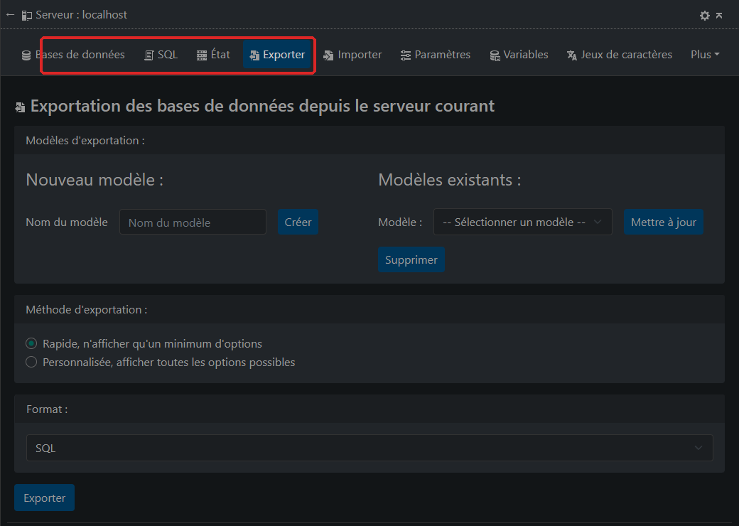 The Export tab of phpMyAdmin, with the SQL format
