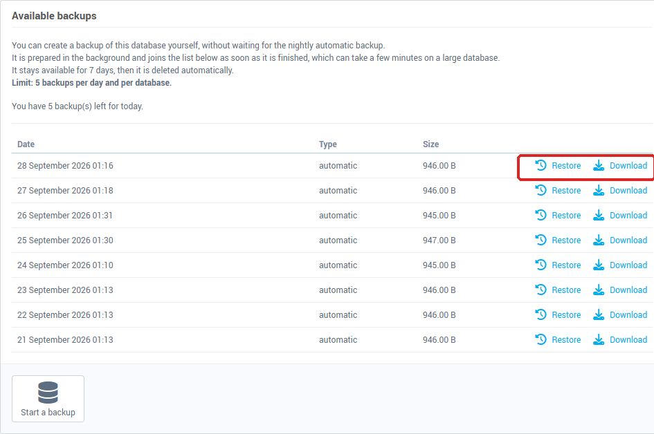 The Backup and restoration tab, with the list of backups and the Download and Restore buttons