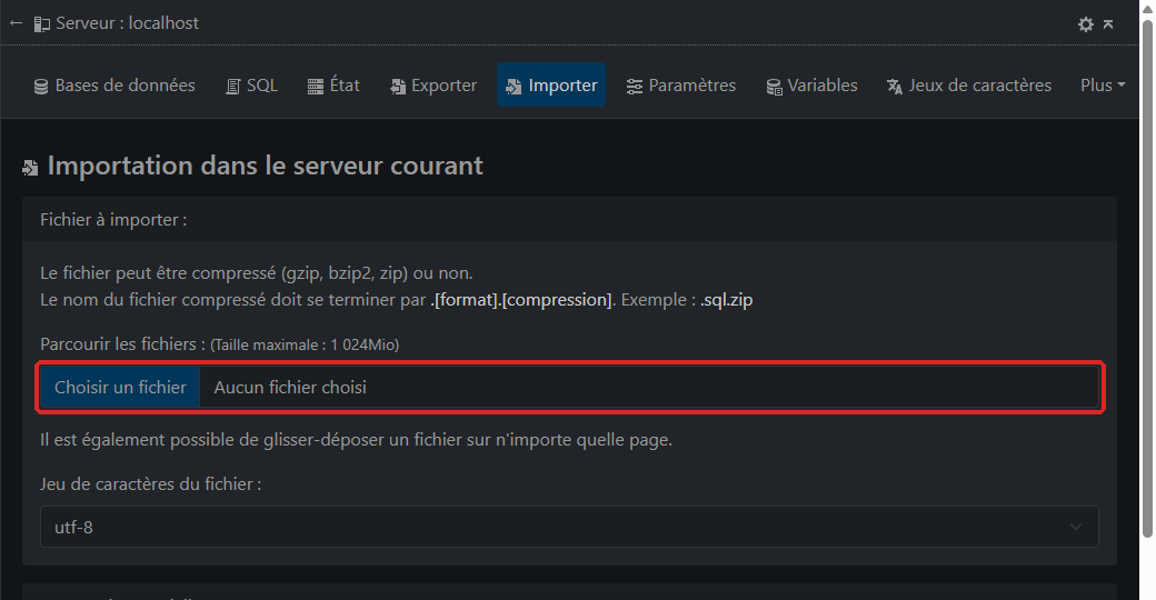 The Import tab of phpMyAdmin, with the file selection