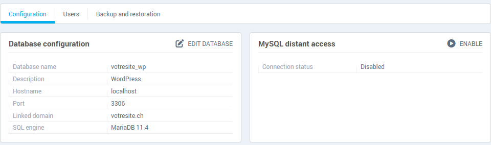 The Configuration tab: database configuration, SQL engine, linked domain and MySQL distant access cards