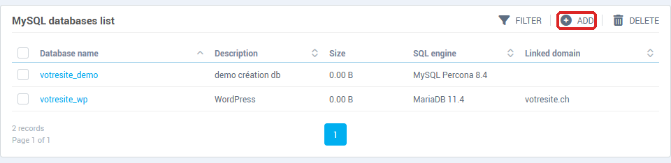 The MySQL databases list, with the Add button
