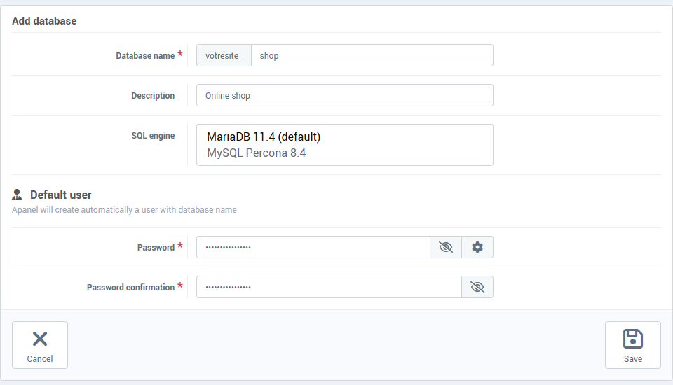 The Add database form: name, description, SQL engine, password of the default user