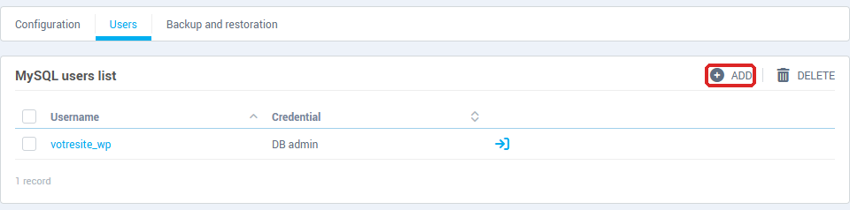 The Users tab, with the MySQL users list and the Add button