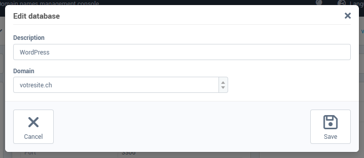 The Edit database window: description and domain