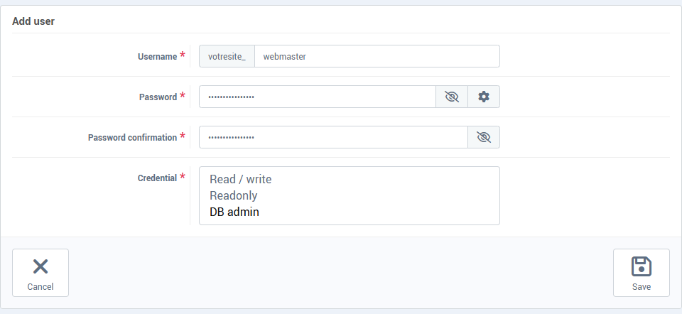 The Add user form, with the list of credentials