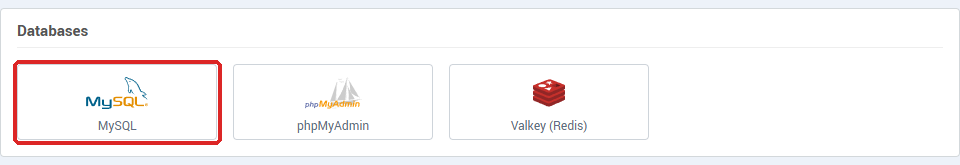 The MySQL tile in the Databases card of Hosting management
