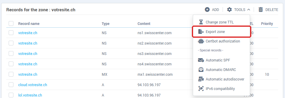 Tools menu of the DNS manager, with the Export zone entry