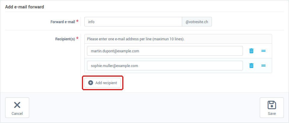 The Add e-mail forward form: forward e-mail and recipients