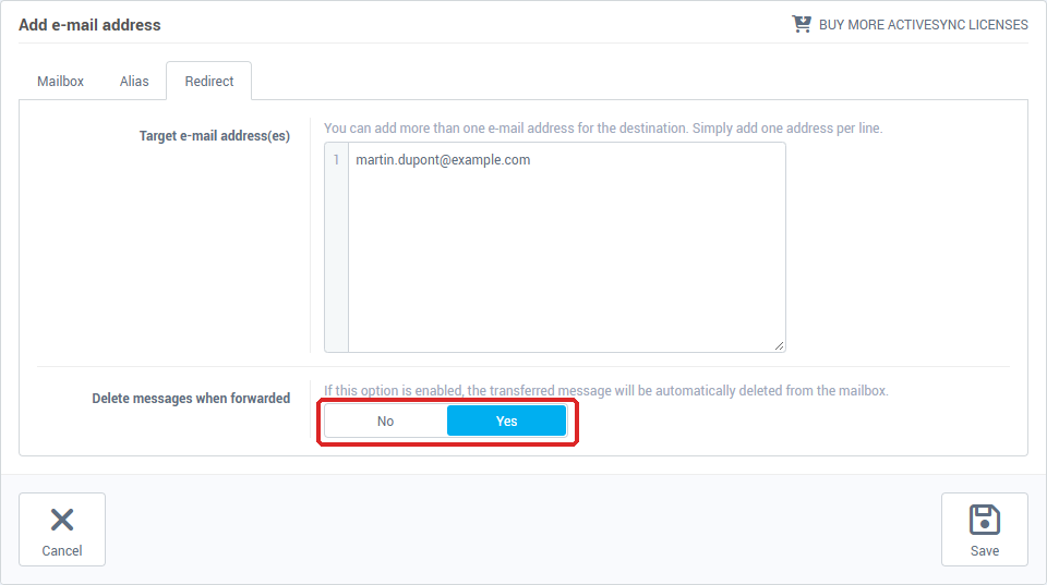 The Redirect tab of an e-mail address: target addresses and the Delete messages when forwarded option