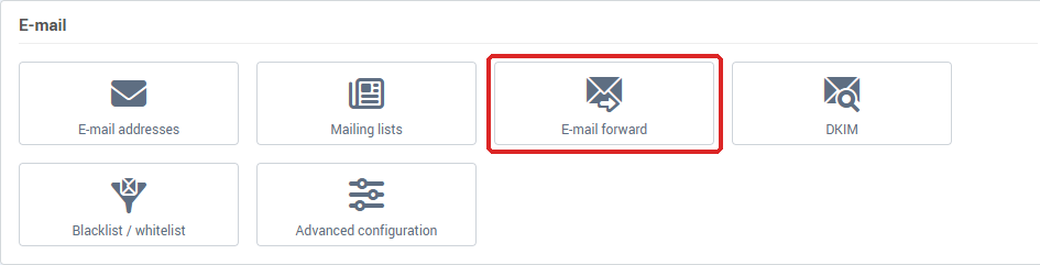 The E-mail forward tile in the E-mail card of Hosting management