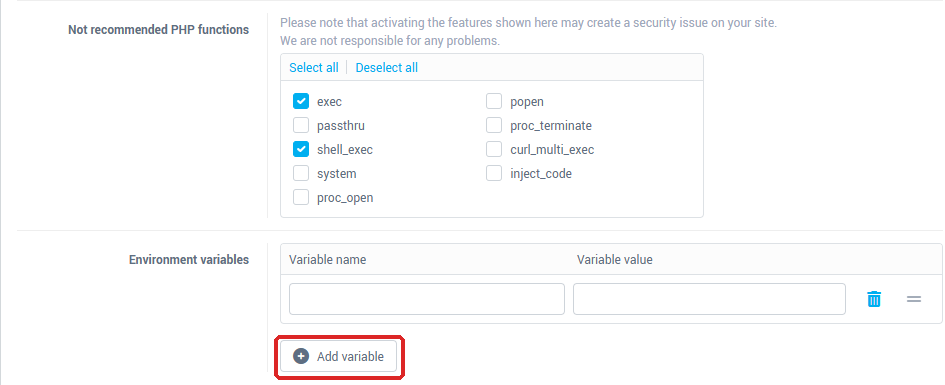 The Not recommended PHP functions and Environment variables blocks