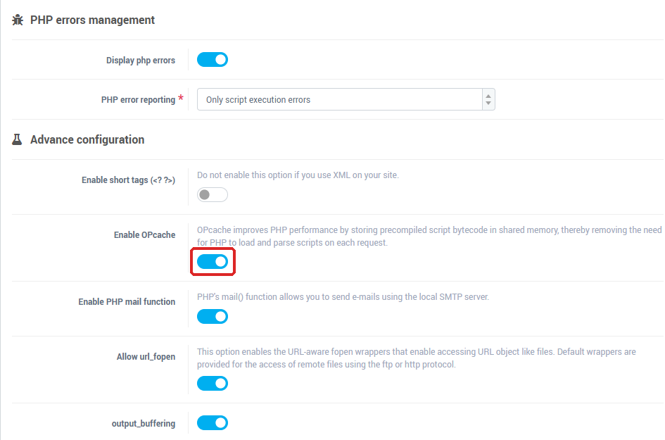 The PHP errors management and Advance configuration blocks: switches and error types