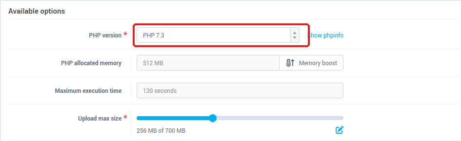 The top of the form: PHP version, Show phpinfo link, memory, execution time, upload max size