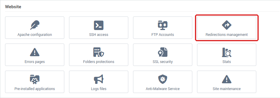 The Redirections management tile in the Website card of Hosting management