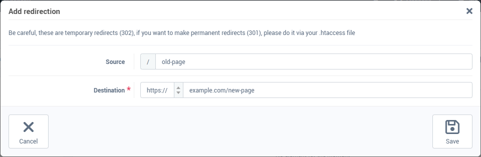 The Add redirection form: source and destination