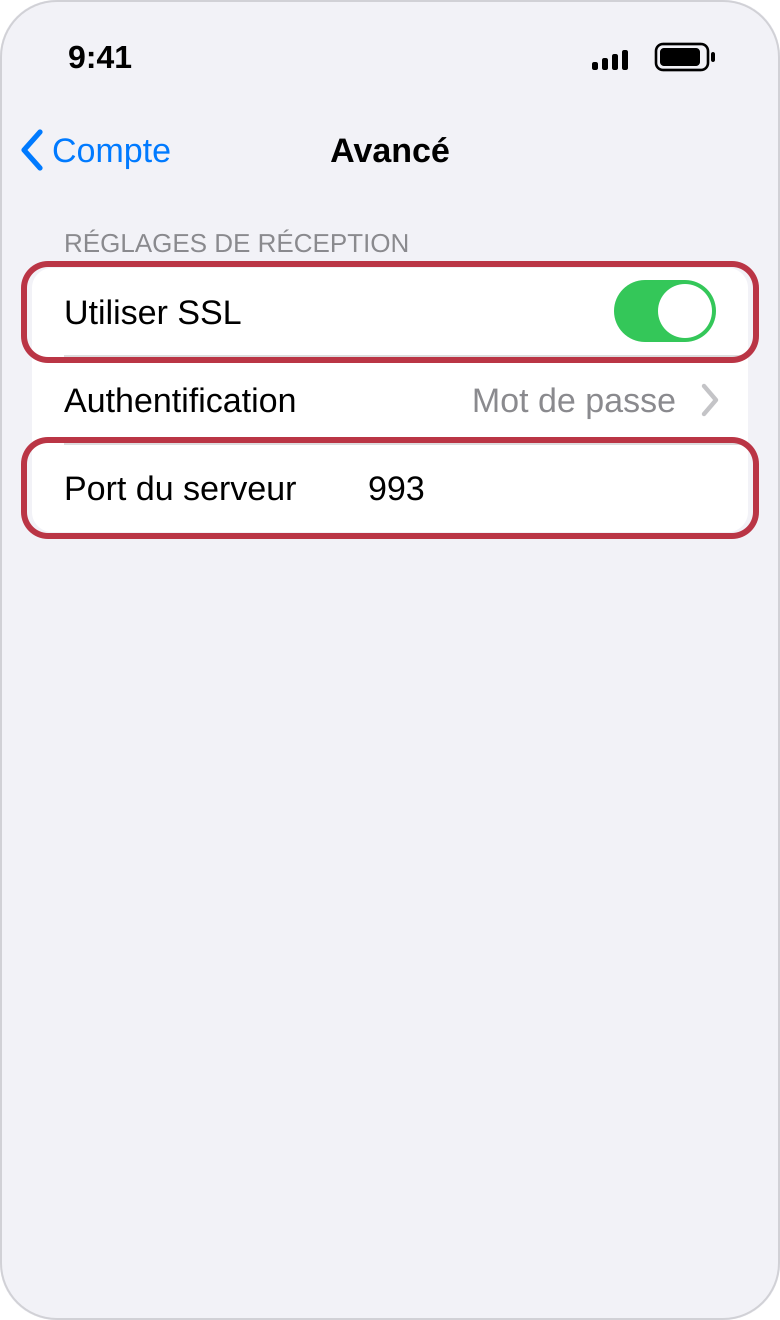 Écran « Avancé » : « Utiliser SSL » activé et port 993, tous deux encadrés