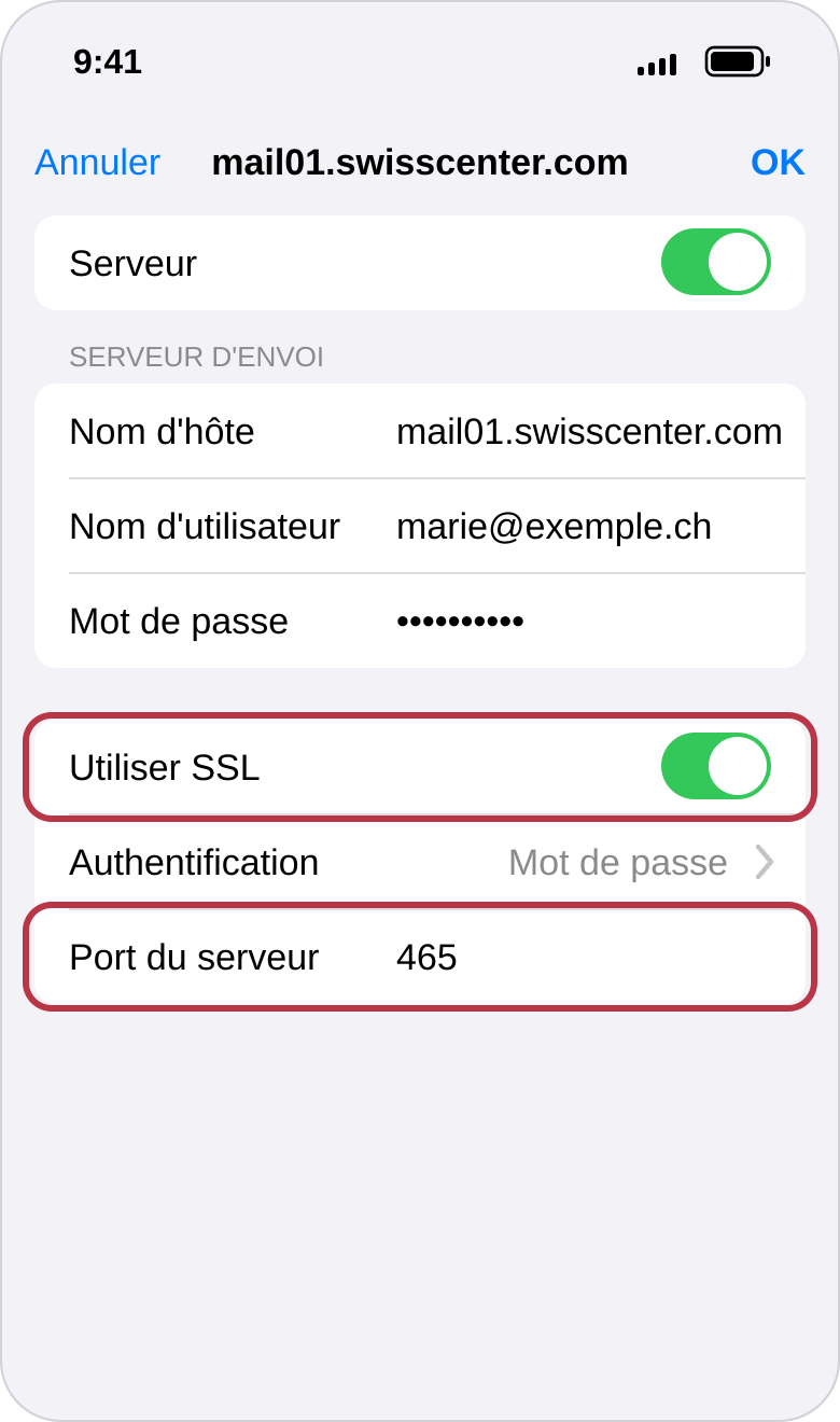 Réglages du serveur d'envoi mail01.swisscenter.com : « Utiliser SSL » activé et port 465, encadrés