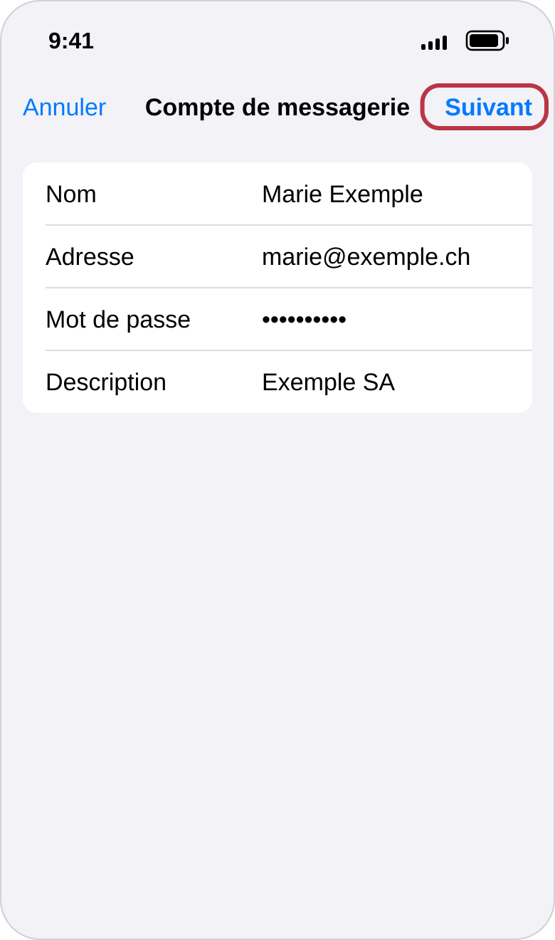 Formulaire « Compte de messagerie » rempli avec un nom, une adresse, un mot de passe et une description ; le bouton « Suivant » est encadré
