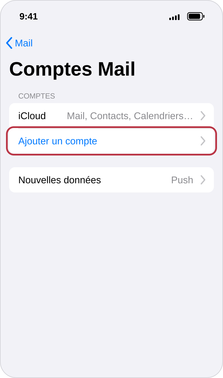 Écran « Comptes Mail » de l'iPhone, la ligne « Ajouter un compte » est encadrée