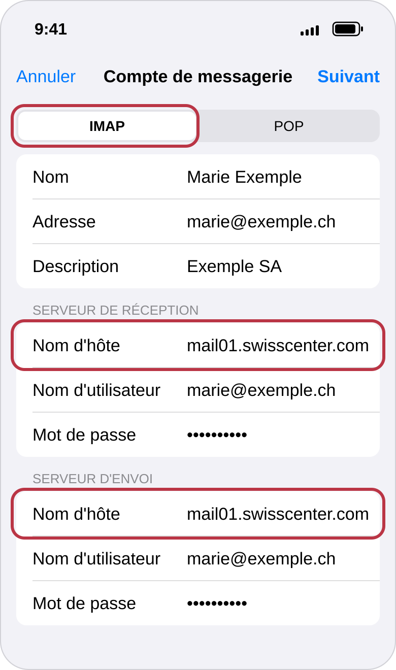 Écran de réglages IMAP : l'onglet IMAP et les deux noms d'hôte mail01.swisscenter.com sont encadrés