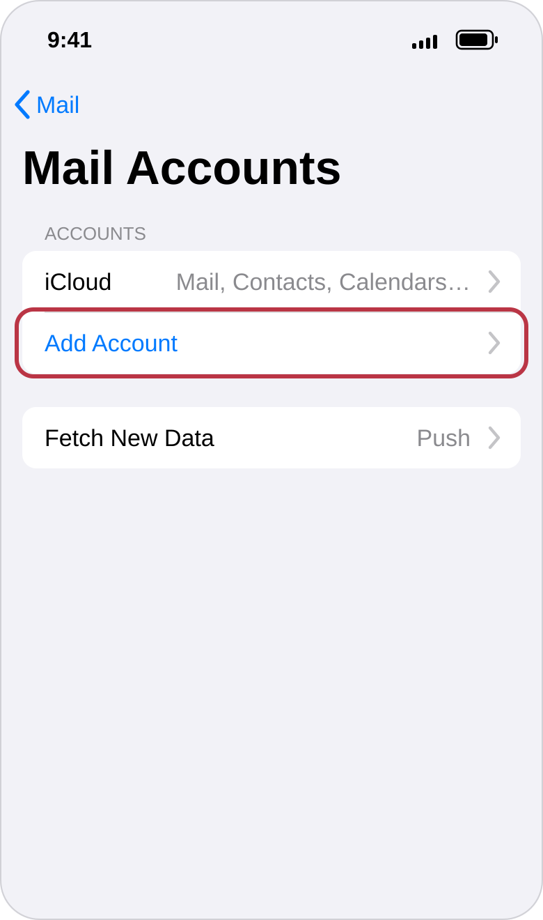 The iPhone "Mail Accounts" screen, with the "Add Account" row outlined