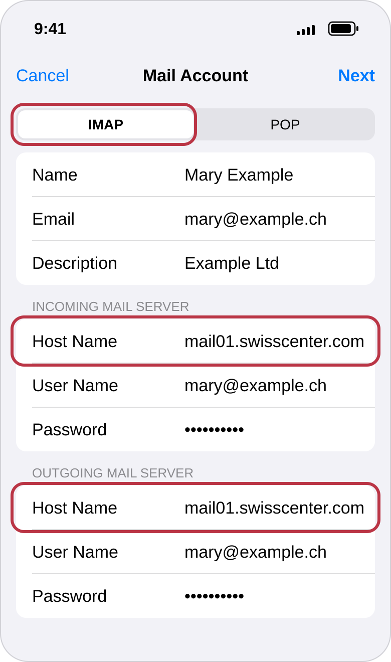 IMAP settings screen: the IMAP tab and both mail01.swisscenter.com host names are outlined