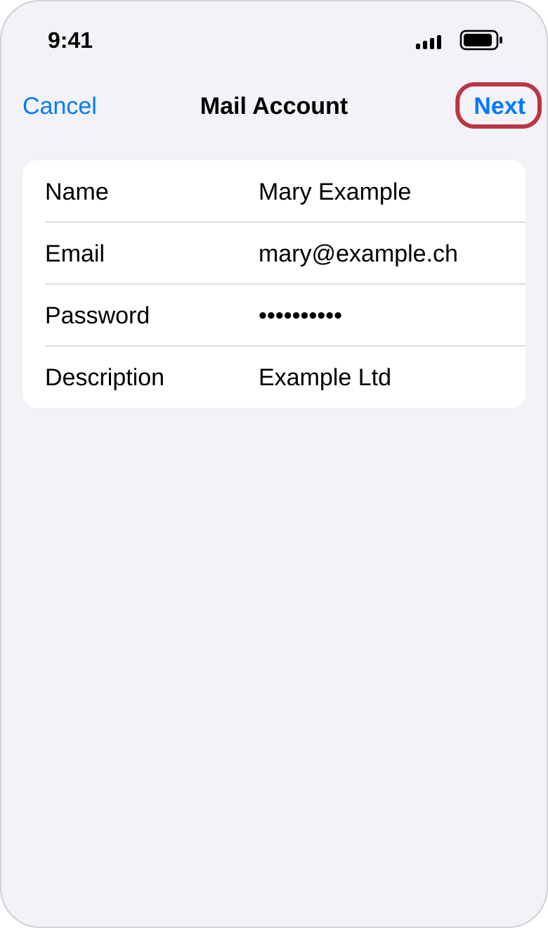 The "Mail Account" form filled in with a name, an email address, a password and a description; the "Next" button is outlined